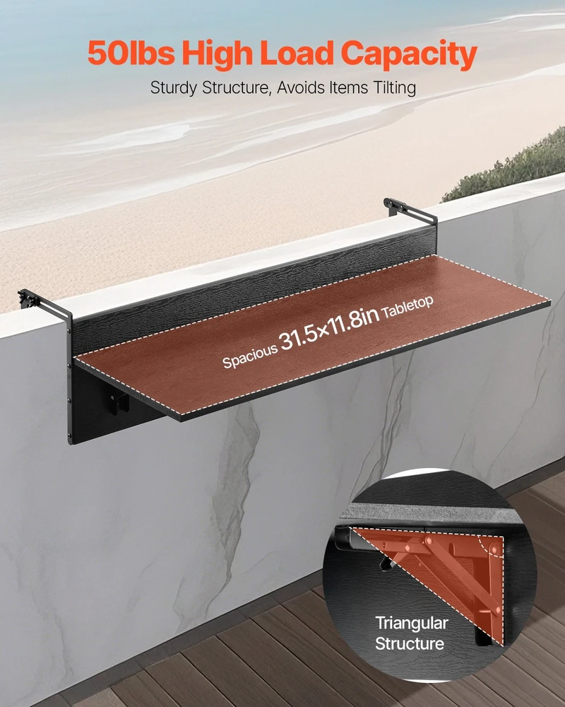 Sulankstomas pakabinamas metalinis stalas balkono turėklams. 800 x 300 mm. tinka 2.54-14.9 cm turėklams. nerūdijančio plieno