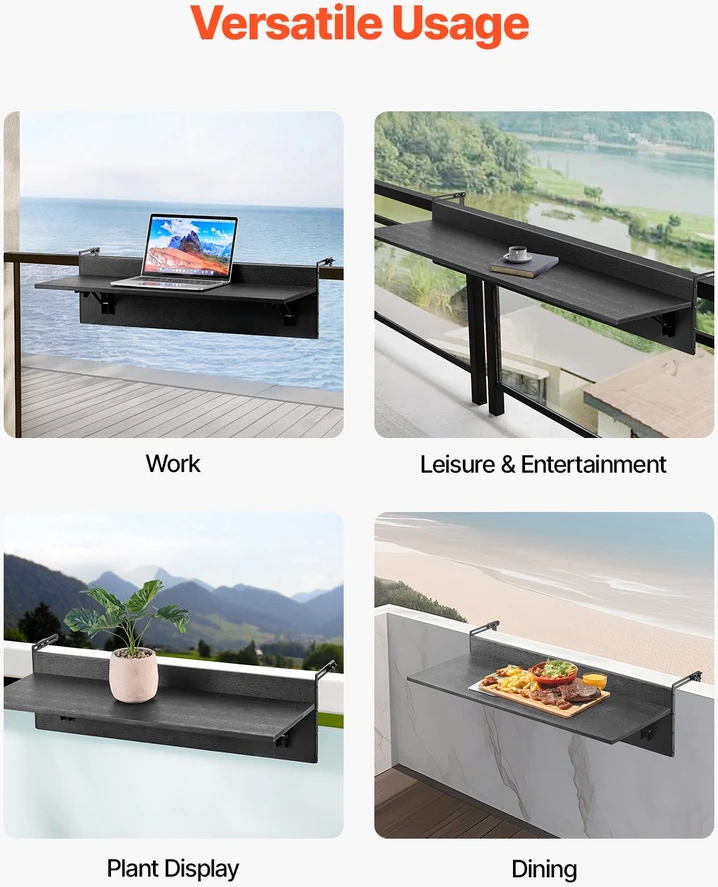 Sulankstomas pakabinamas metalinis stalas balkono turėklams. 800 x 300 mm. tinka 2.54-14.9 cm turėklams. nerūdijančio plieno