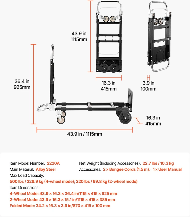 Sulankstomas rankinis vežimėlis. keliamoji galia 226.9kg (4 ratų režimu). reguliuojama rankena