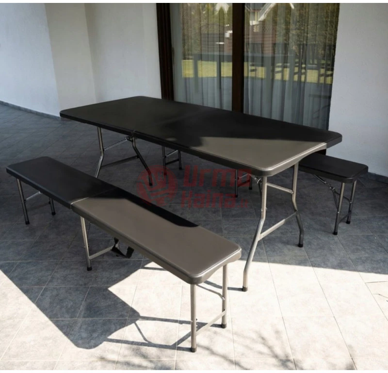 Sulankstomas sodo stalas 180 cm + 2 suolai juodas GA01