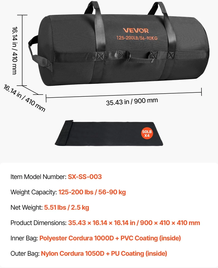 Sunkiasvoris smėlio maišas su rankenomis. talpa 56-90 kg. jėgos treniruotėms. juodas