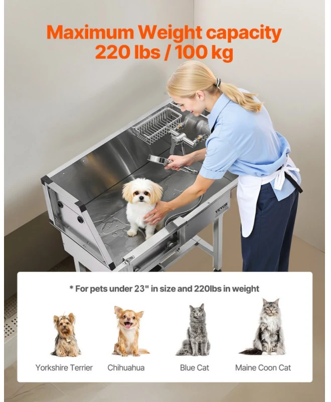 Šunų maudymo vonia 86 cm nerūdijančio plieno su laiptais (kairės durys) V01