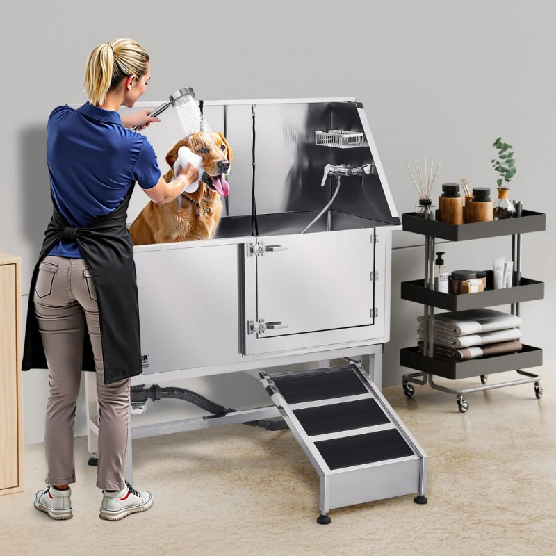 Šunų maudymo vonia su rampa 127 cm nerūdijančio plieno (dešinės durys) V04
