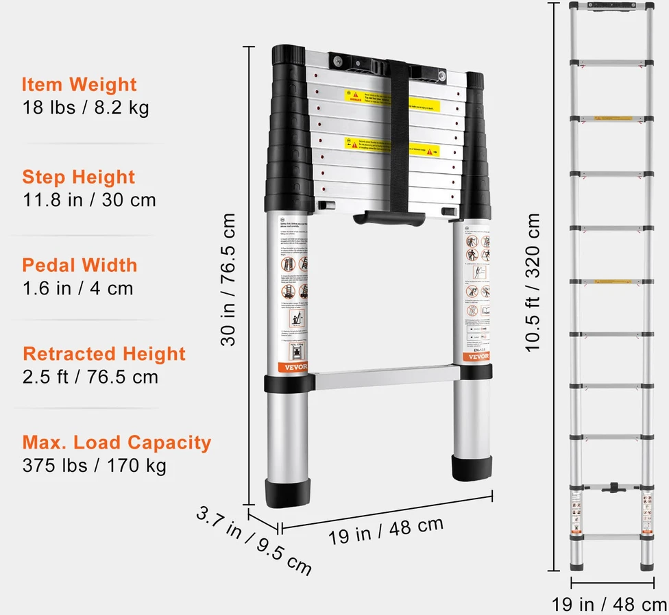 Teleskopinės aliuminio kopėčios. aukštis iki 3.2 m. svoris 8.2kg. keliamoji galia 170 kg