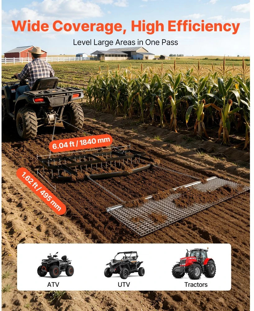 Tempiamas grandininis grėblys su lyginimo plokšte 45x183 cm cinkuoto plieno ATV/UTV/traktoriams