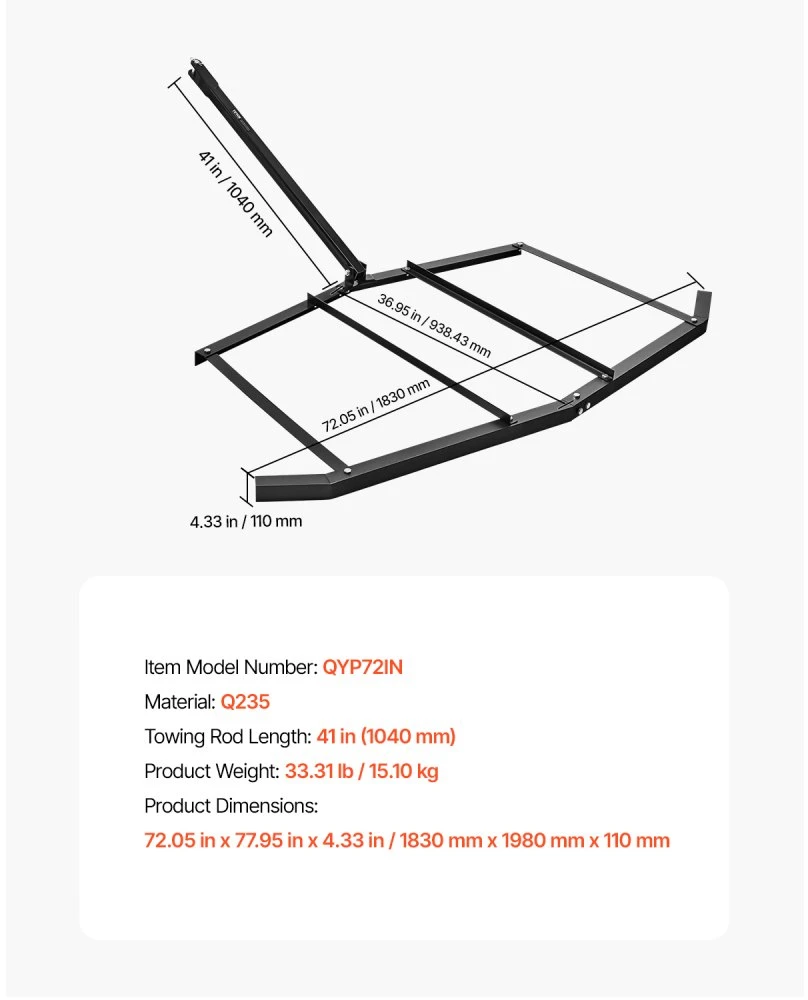 Tempiamas grėblys 1830 mm Q235 plieno su kabliu ATV/UTV traktoriams