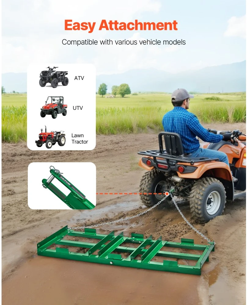 Tempiamas grėblys su reguliuojamomis juostomis ir 1830 mm grandine ATV/UTV/traktoriui
