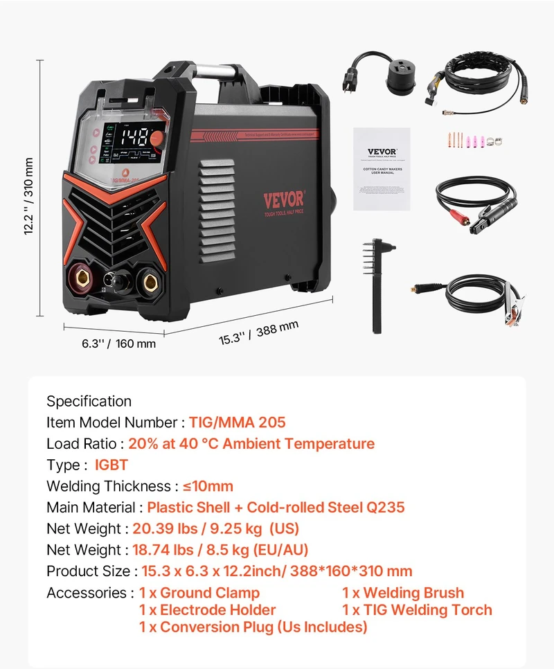 TIG suvirinimo aparatas 205A TIG DC/impulsinis DC/MMA