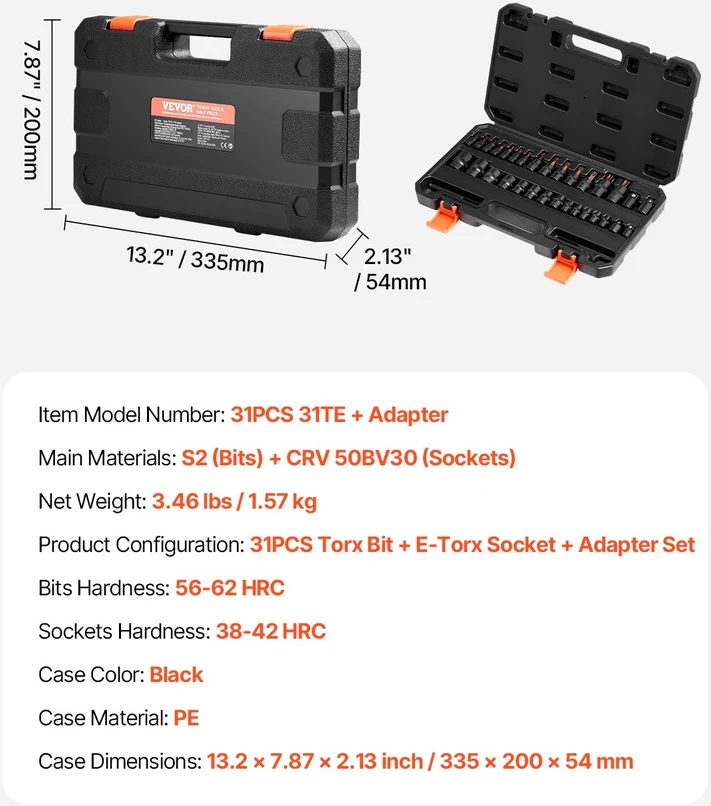 Torx ir išorinių Torx galvučių komplektas 31 vnt. T8-T70 E4-E24 su adapteriu