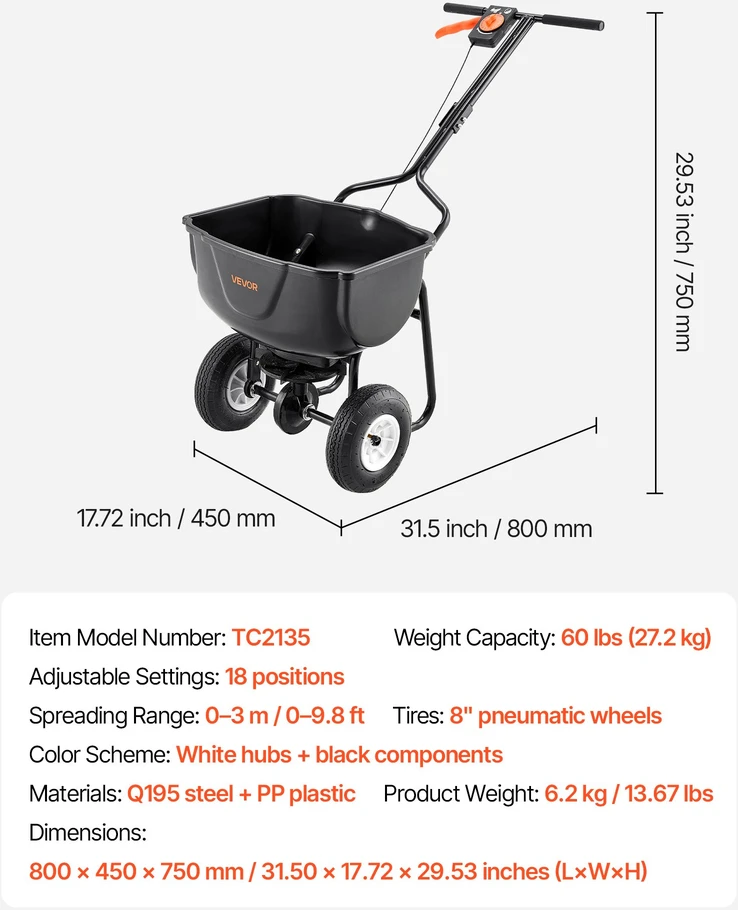 Traktoriaus priekabinė sėjamoji-barstytuvas. talpa 27.2kg. 203mm ratai. sodui ir vejai