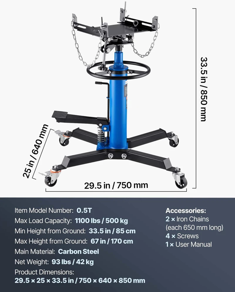 Transmisijos keltuvas 1100 svarų 2 pakopų teleskopinis su pedalu ir 4 ratukais