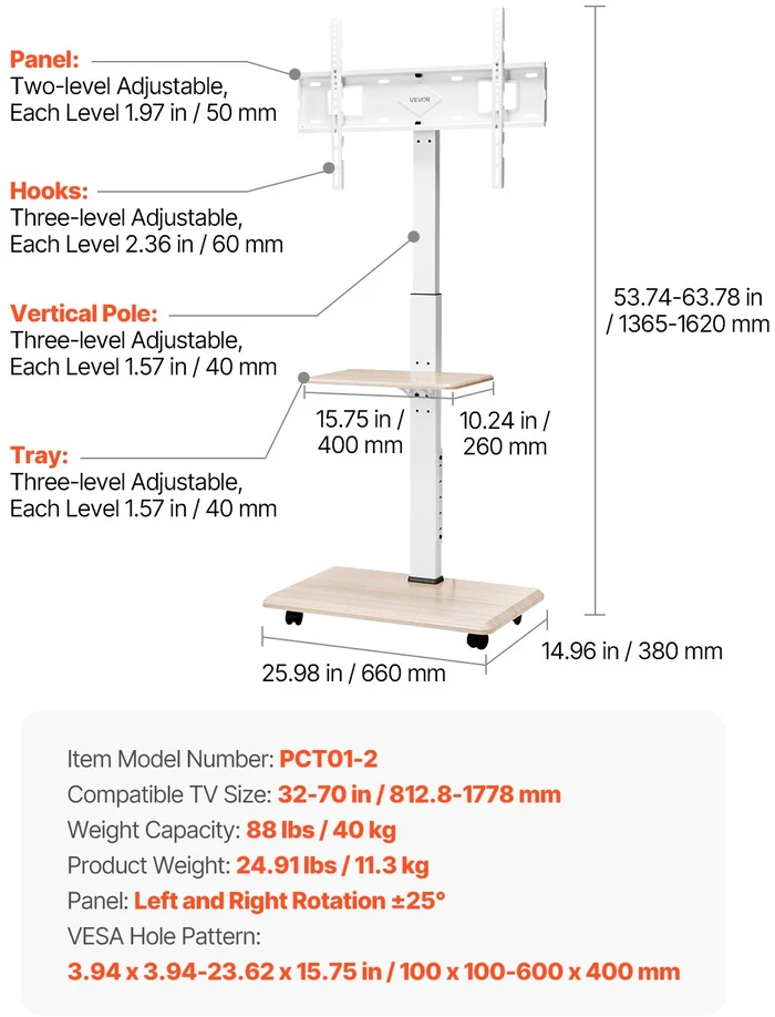 Laikiklis TV stovas ant ratukų ekranams 813-1778 mm. apkrova iki 40 kg