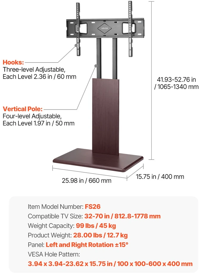 Laikiklis TV stovas ekranams 812.8–1778 mm. apkrova 45 kg. pasukamas ±15°. reguliuojamas aukštis