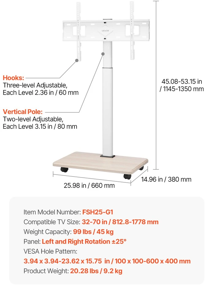 TV vežimėlis su ratukais. ekranams iki 1778 mm. apkrova iki 45 kg. pasukamas 25°
