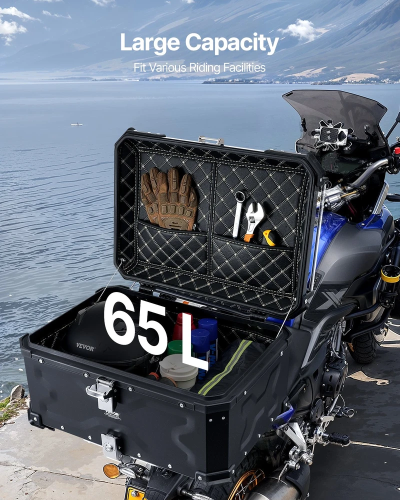 Universali motociklo bagažinė 65 l. aliumininio lydinio. odos apdaila. vandeniui atspari