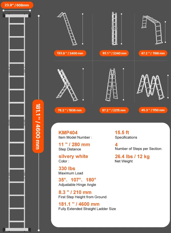 Universalios sulankstomos teleskopinės kopėčios. A formos. aukštis 4.7m. apkrova 149.7kg