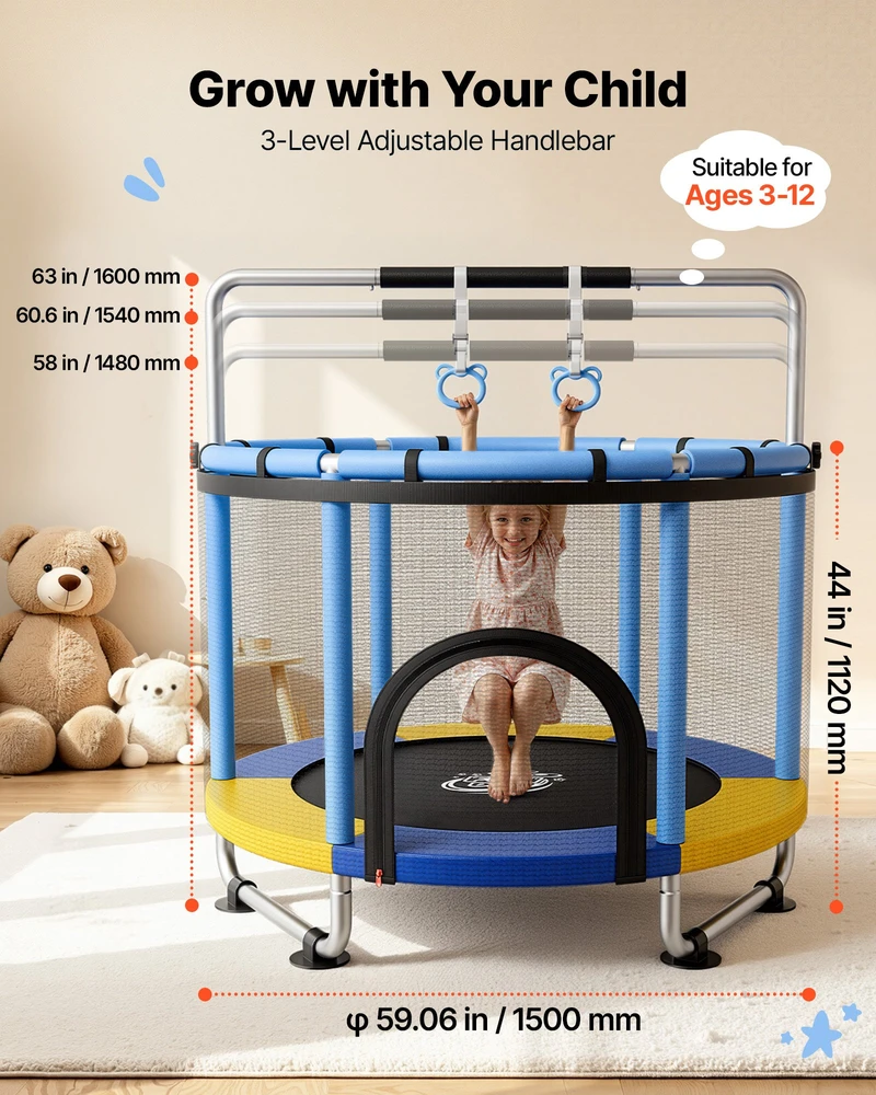 Vaikiškas batutas su apsauginiu tinklu. apkrova 60 kg. PVC šokinėjimo paviršius. 3 aukščio lygių rankena