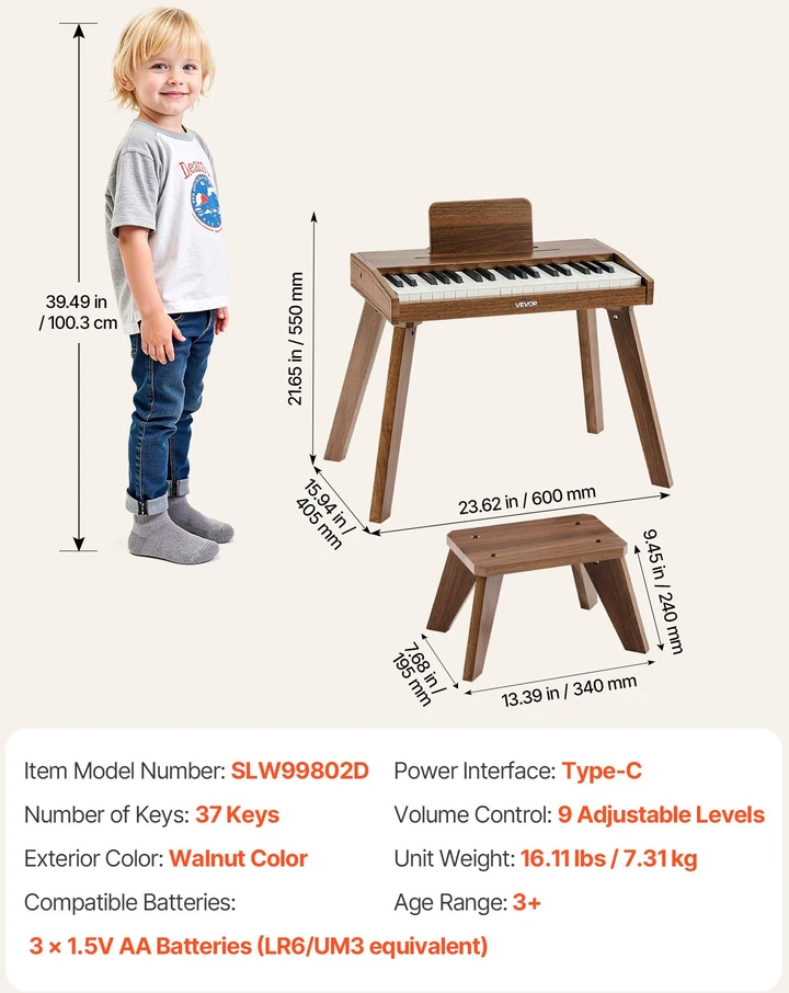 Vaikiškas medinis žaislinis pianinas. 37 klavišai. reguliuojamas garsumas. riešuto spalvos