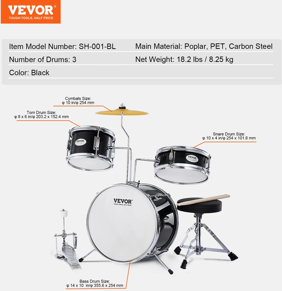 Vaikiškas mušamųjų instrumentų komplektas. 3 dalys. juodas. 355.6 mm