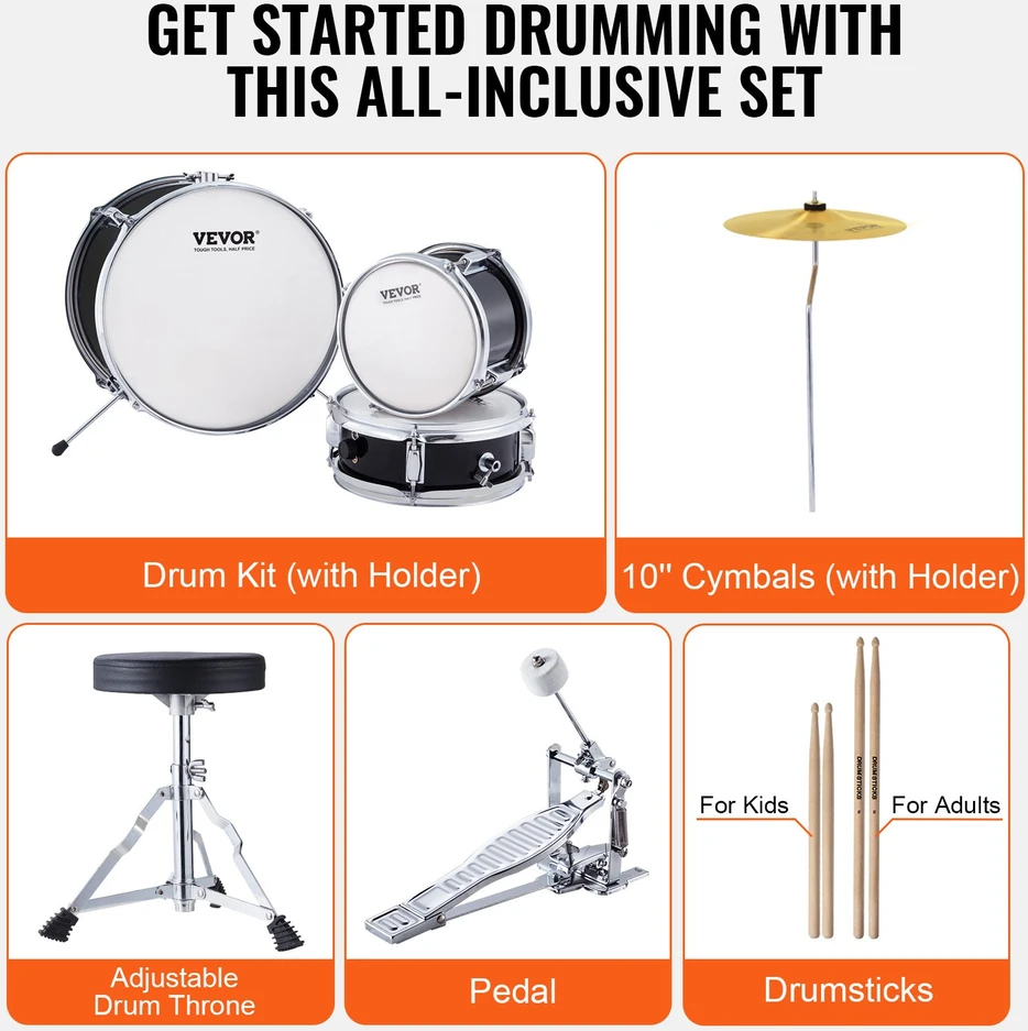 Vaikiškas mušamųjų instrumentų komplektas. 3 dalys. juodas. 355.6 mm