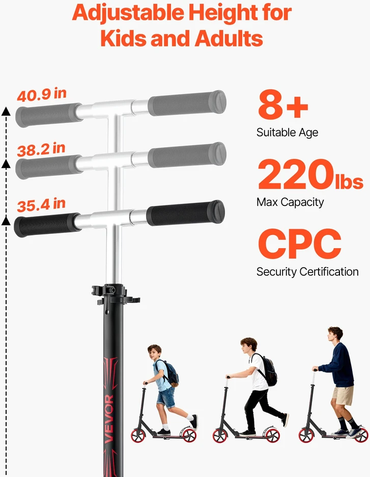 Vaikų (8+) paspirtukas su 2 ratais. sulankstomas. 3 aukščio lygiai. iki 100 kg. juodas-raudonas