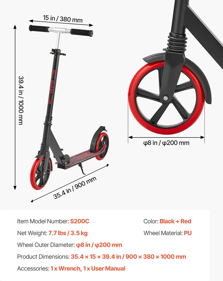 Vaikų (8+) paspirtukas su 2 ratais. sulankstomas. 3 aukščio lygiai. iki 100 kg. juodas-raudonas