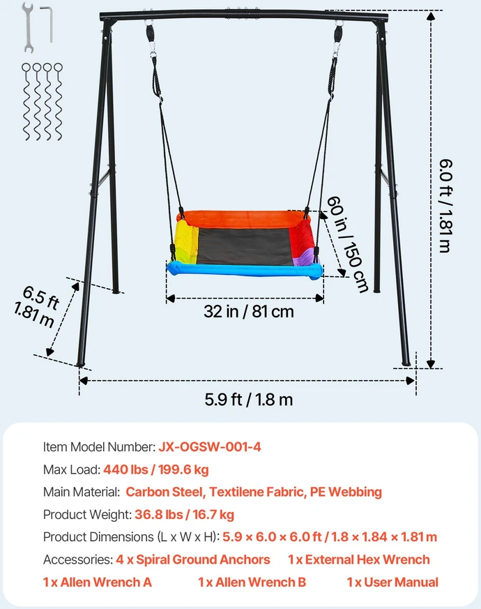 Vaikų sodo sūpynė su A formos metaliniu rėmu. apkrova iki 199.6kg. sėdynė 150 x 81 cm