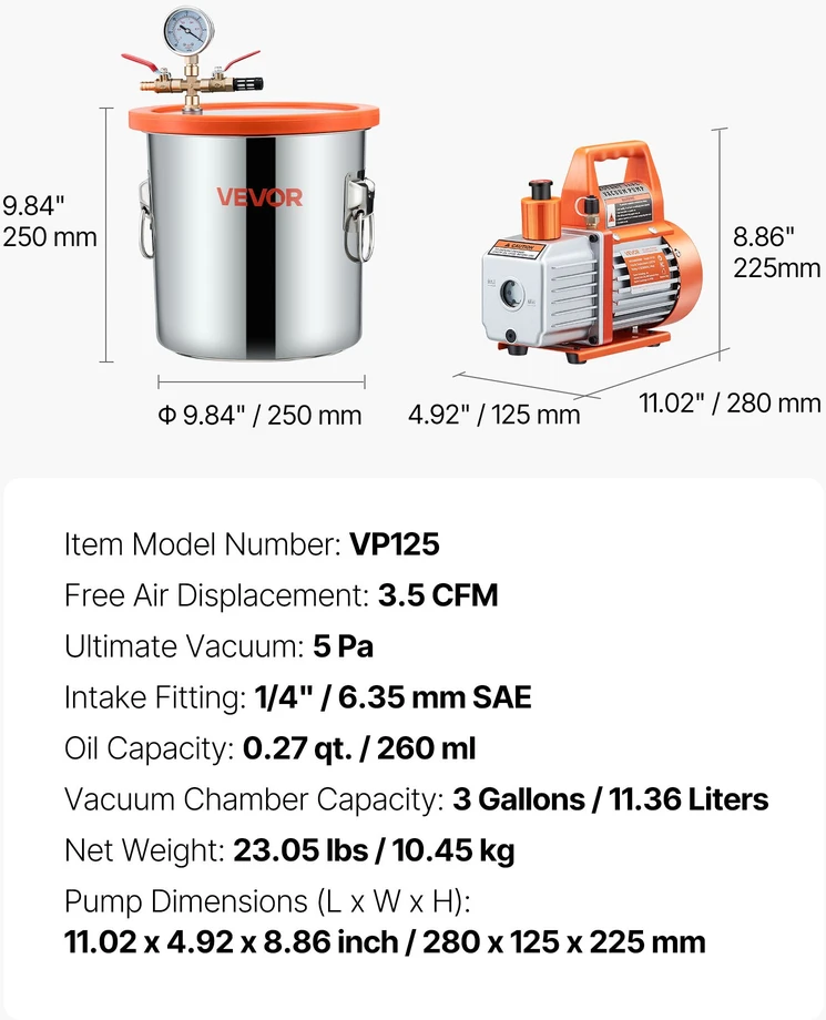Vakuuminio siurblio rinkinys 110 l/min. degazavimo kamera 11.36 l. grūdinto stiklo dangtis
