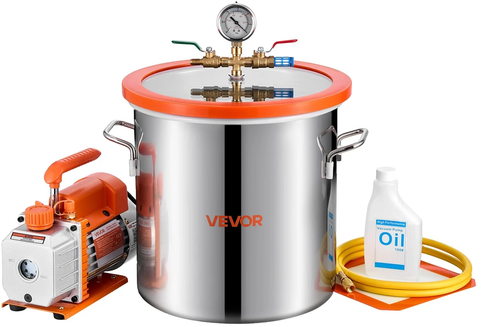 Vakuuminis siurblys 3,5 CFM, nerūdijančio plieno kamera 18,92 l, medienos stabilizavimui
