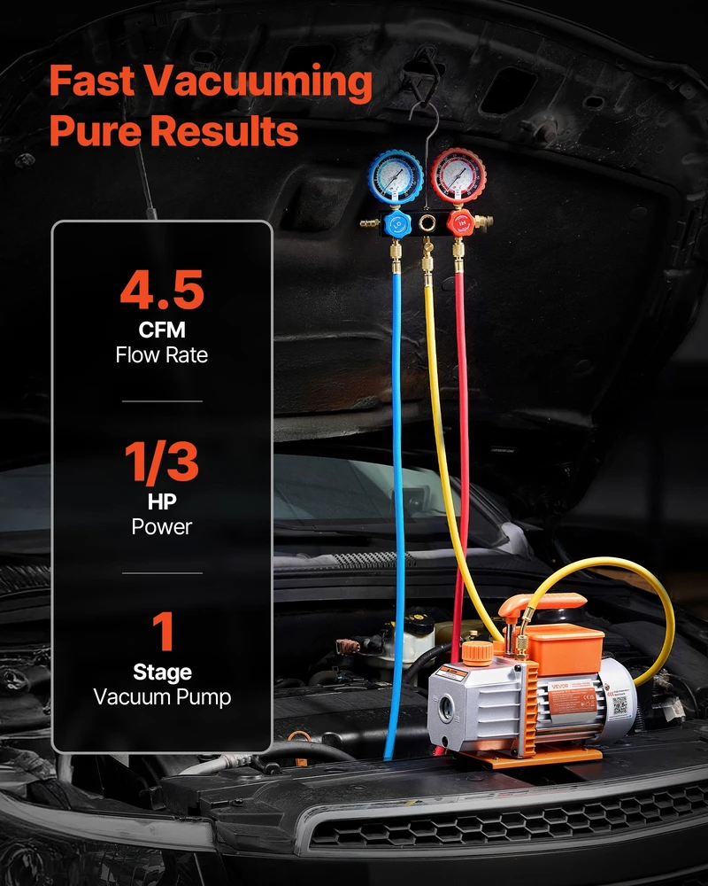 Vakuuminis siurblys su manometrų komplektu automobilio kondicionieriui, 4,5CFM/127L/min, R134a/R32