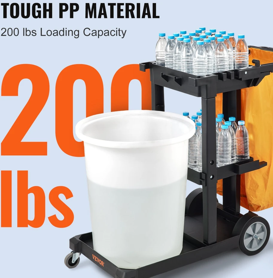 Valymo vežimėlis. 3 lentynų. su šiukšlių maišu. PVC ratukai. iki 90.7kg