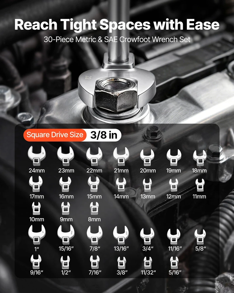 Veržliarakčių komplektas automobiliams 30 vnt.. 3/8 col.. metriniai ir SAE matmenys