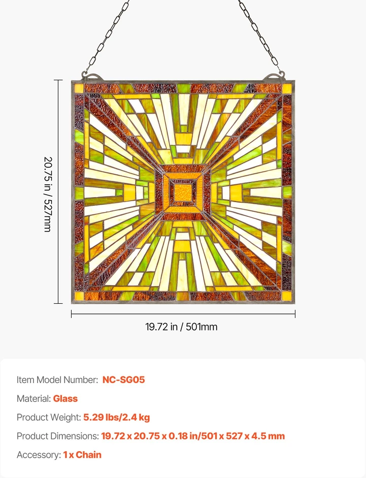 Vitražinio stiklo lango panelė 501x527 mm. stačiakampė vertikali. su grandinėle