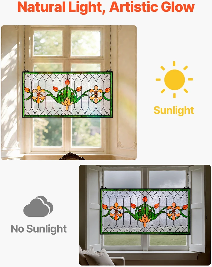 Vitražinio stiklo lango panelė 810x433 mm. stačiakampė horizontali. su grandinėle