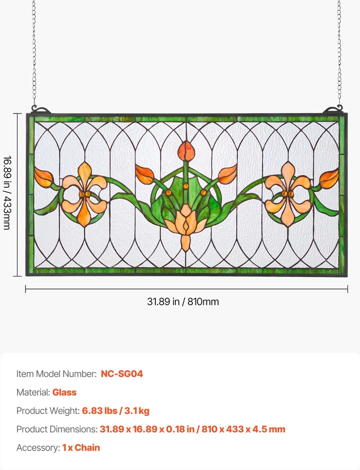Vitražinio stiklo lango panelė 810x433 mm. stačiakampė horizontali. su grandinėle