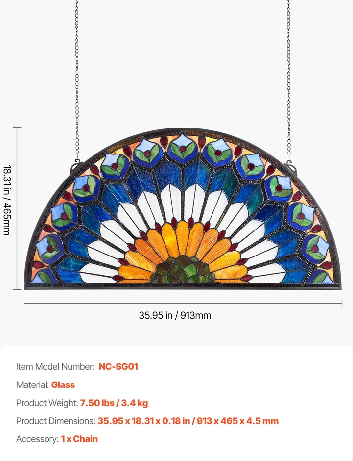Vitražinio stiklo lango panelė 913x465 mm. pusapskritė. su grandinėle