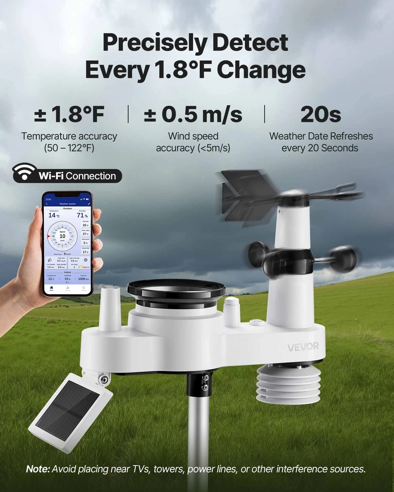 WiFi meteorologinė stotelė. 185.9x137.4x28.5 mm TFT ekranas. saulės jutiklis. lietaus matuoklis