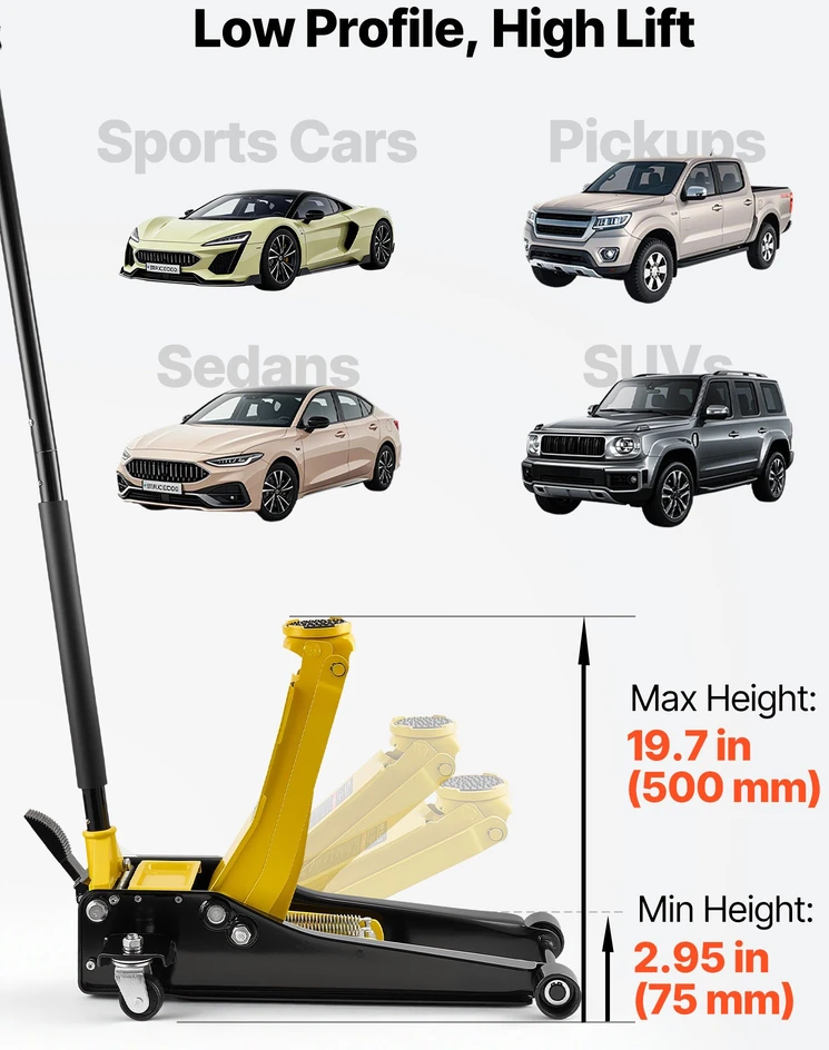 Žemo profilio grindinis keltuvas 3T dvigubas stūmoklis su SUV adapteriu aukštis 75-500 mm