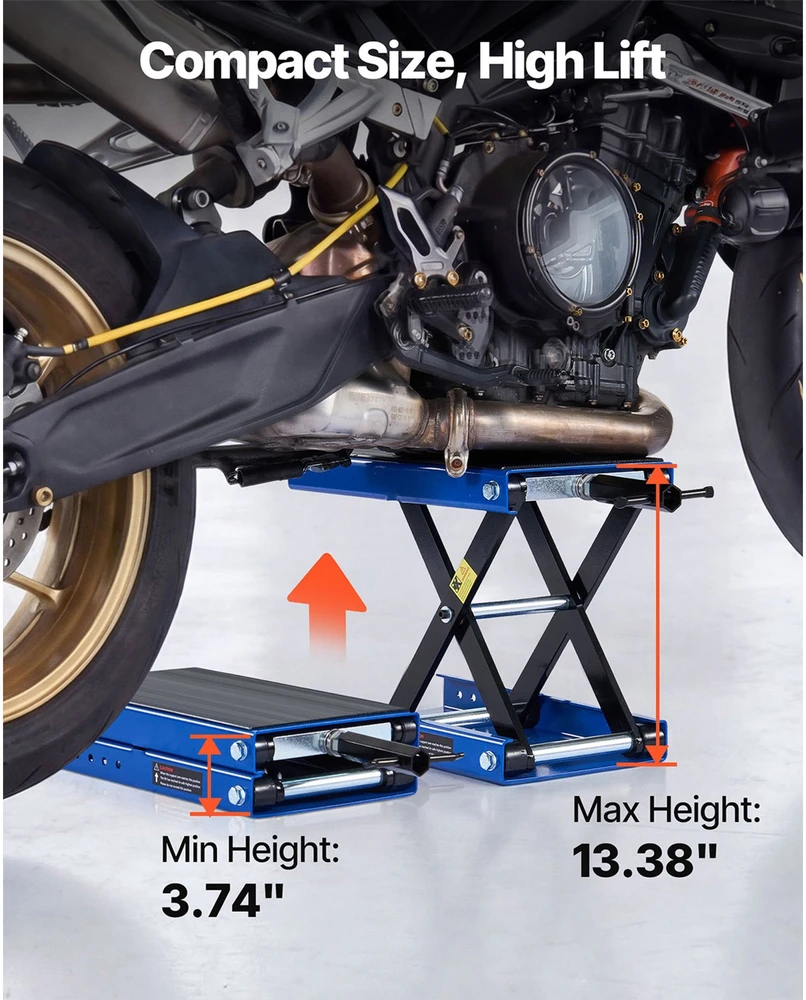 Žirklinis keltuvas motociklui kompaktiška platforma apkrova 499 kg eiga 95-34 cm mėlynas