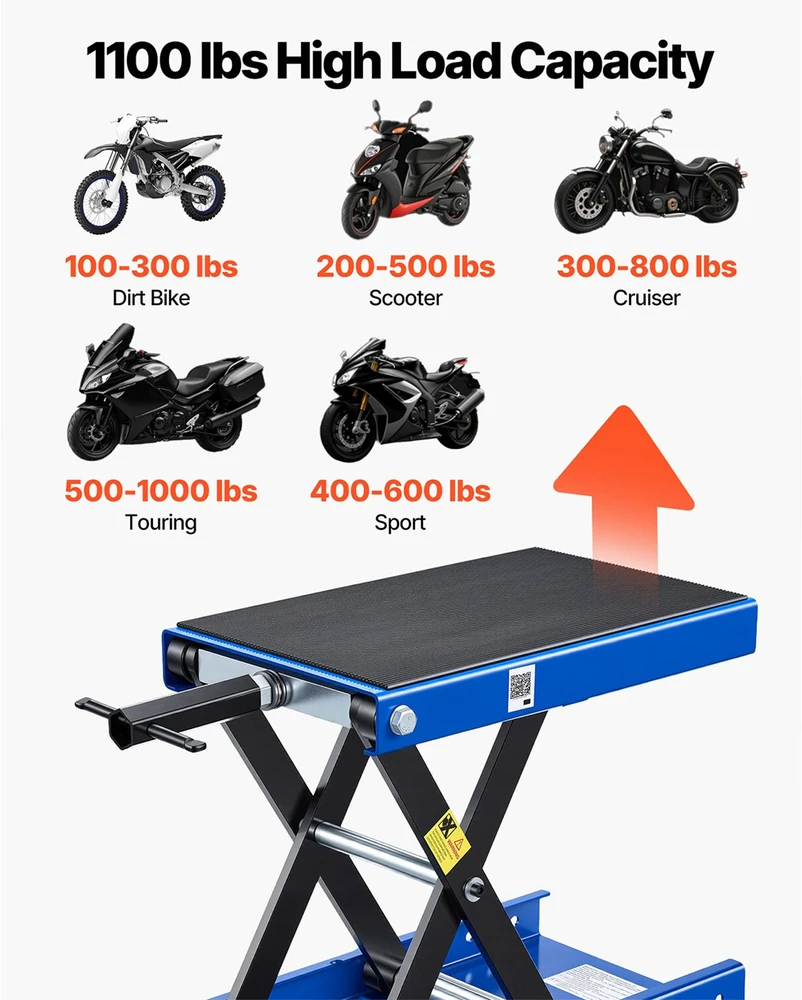 Žirklinis keltuvas motociklui kompaktiška platforma apkrova 499 kg eiga 95-34 cm mėlynas