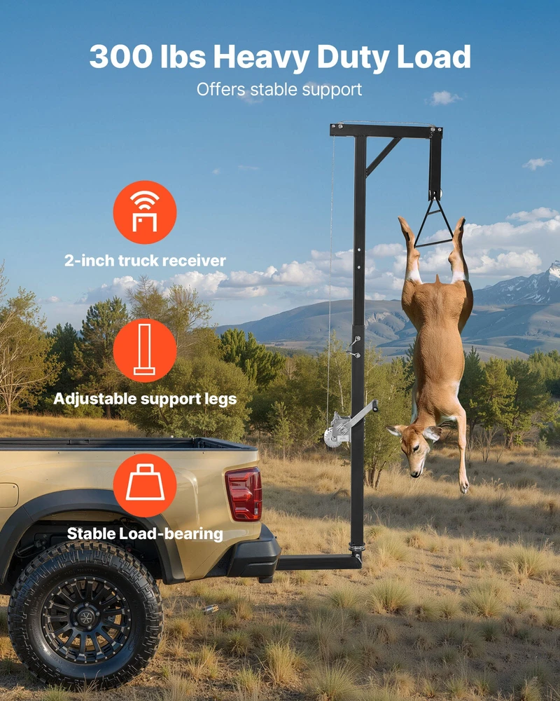Žvėrienos kėlimo gervė. apkrova 136 kg. imtuvas 50.8 mm. sukama 360°. reguliuojamo aukščio