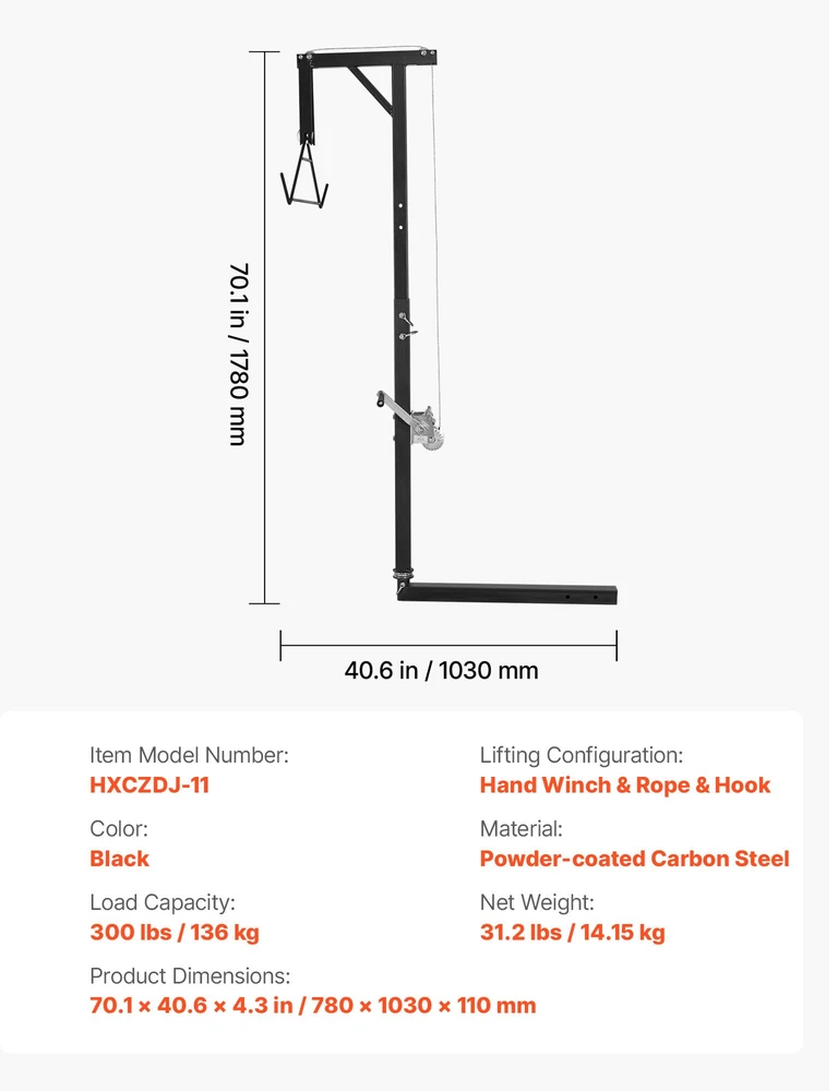 Žvėrienos kėlimo gervė. apkrova 136 kg. imtuvas 50.8 mm. sukama 360°. reguliuojamo aukščio