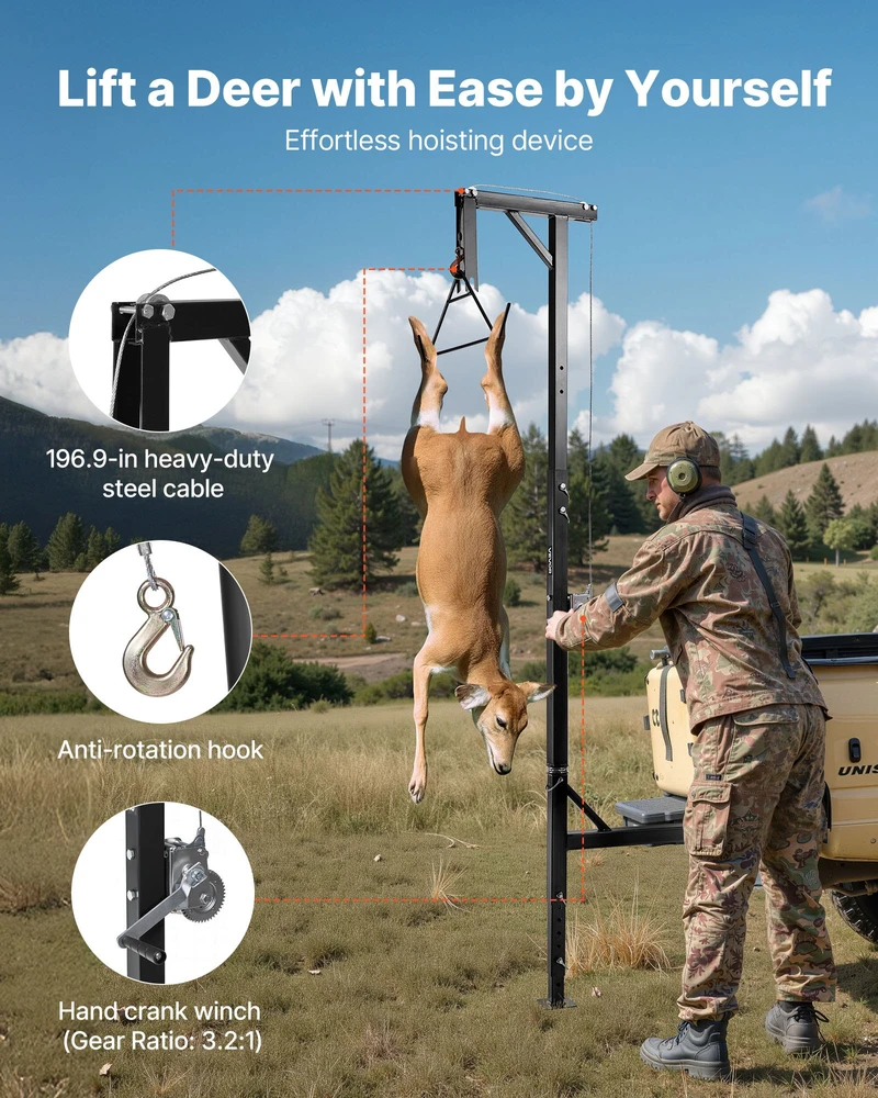 Žvėrienos kėlimo gervė. kabliuko apkrova 181.4kg. imtuvas 50.8 mm. sukama 360°