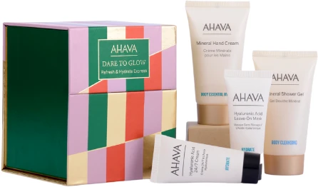 AHAVA DARE TO GLOW REFRESH &amp; HYDRATE EXPRESS Dovanų rinkinys ( veido kaukė 15 ml + veido kremas 15 ml + rankų kremas 40 ml + dušo gelis 40 ml