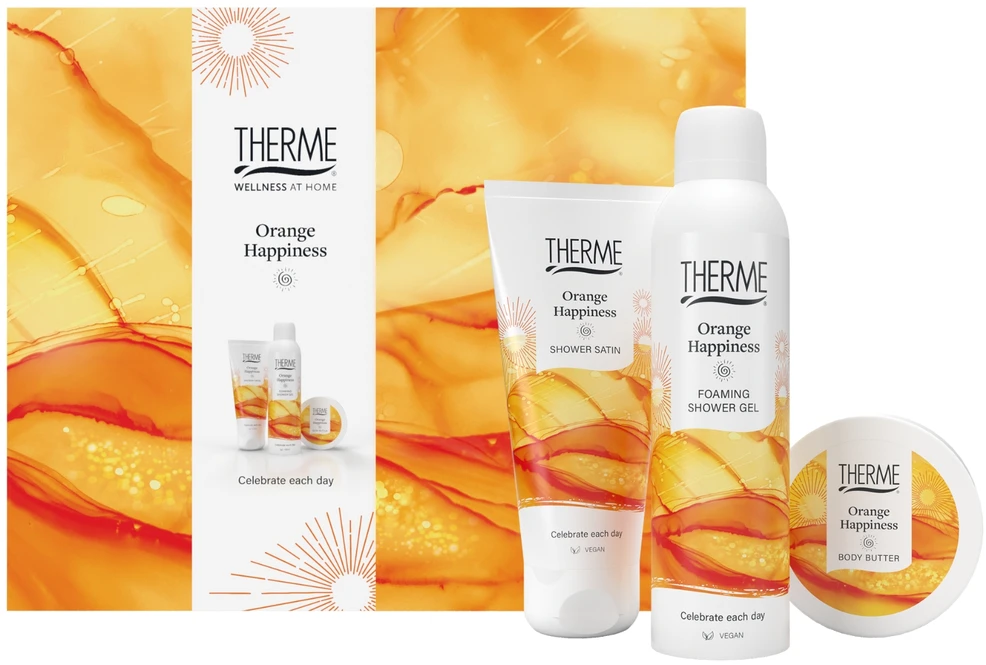 Remark THERME Oranžinis HAPPINESS Vonios rinkinys (dušo gelis 200 ml + kūno svietas 100 g + dušo putos 200 ml)