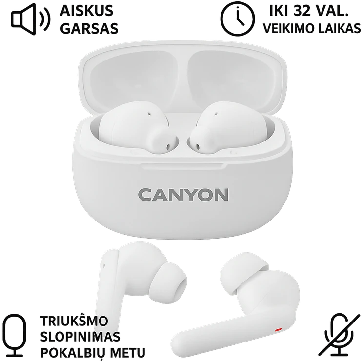 Belaidės ausinės Canyon TWS-8 ENC, Baltos spalvos