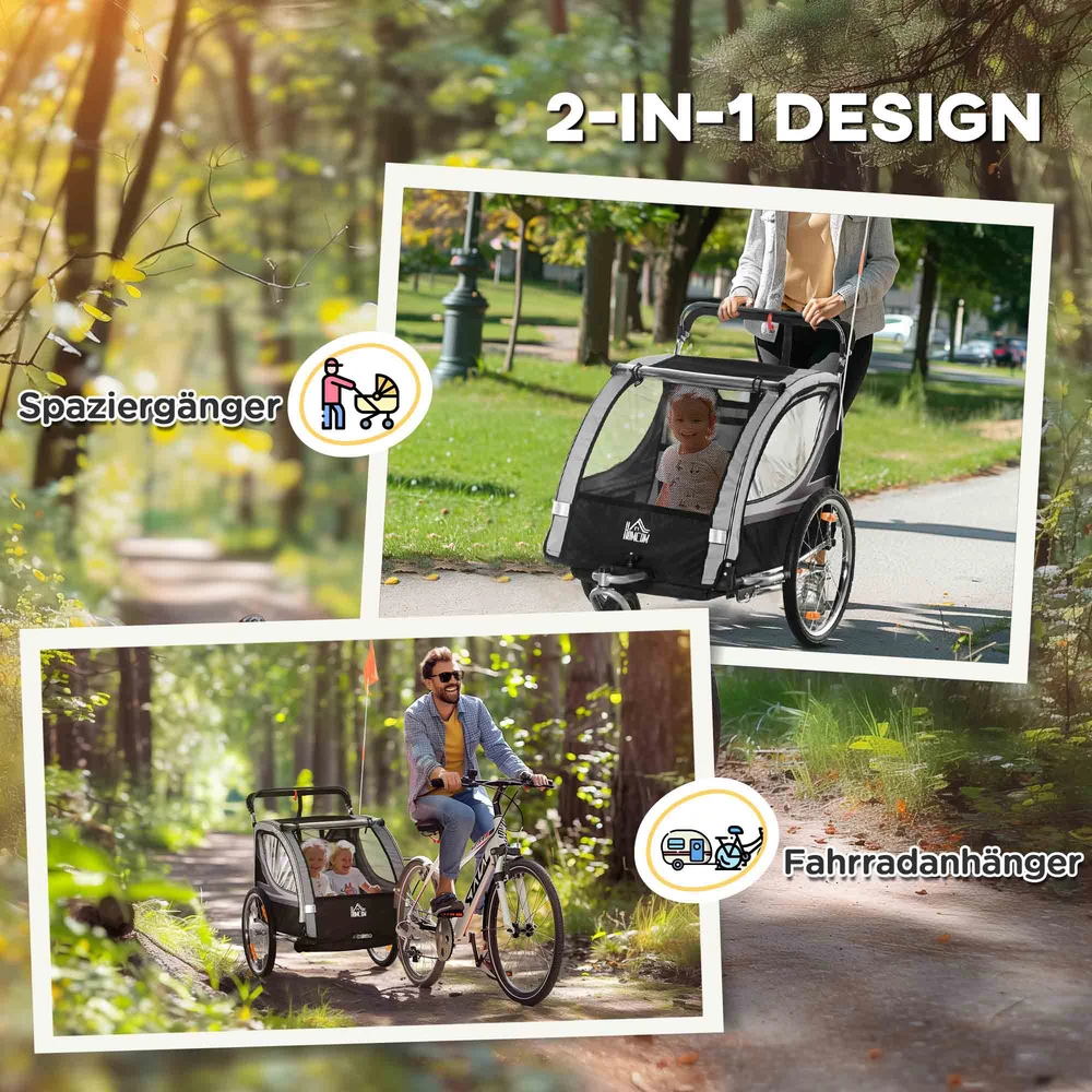 Aosom 2-in-1 vaikiÅ¡ka dviraÄio priekaba ir veÅ¾imÄ—lis, pilka / juoda, iki 2 vaikÅ³