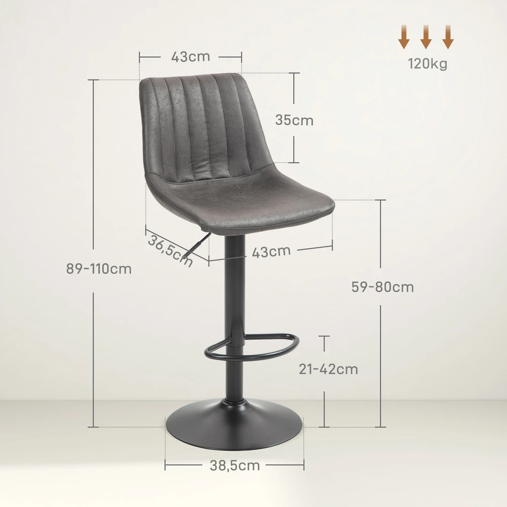 Aosom 2 reguliuojamų baro kėdžių komplektas su atlošu, 59–80 cm, tamsiai pilkas