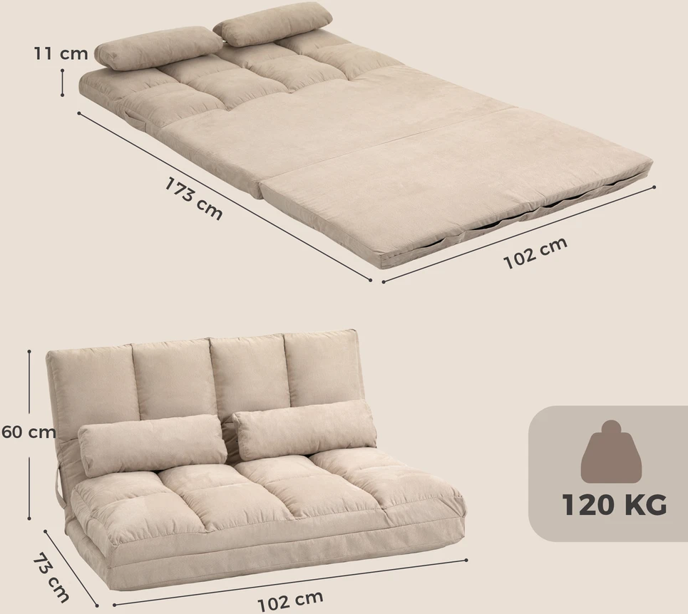Aosom 2 viename grindų sofa-lova su reguliuojamu atlošu, smėlio spalvos, 102 x 73 x 60 cm