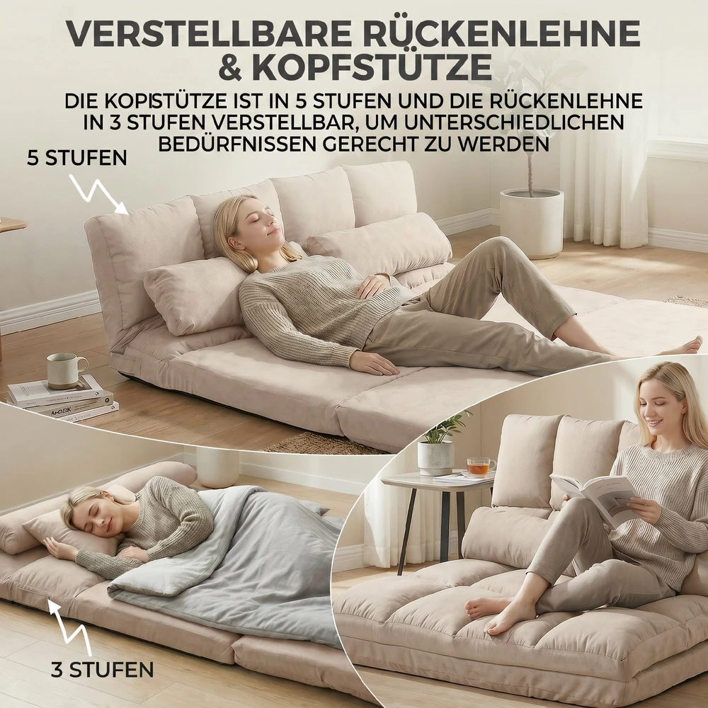 Aosom 2 viename grindų sofa-lova su reguliuojamu atlošu, smėlio spalvos, 102 x 73 x 60 cm